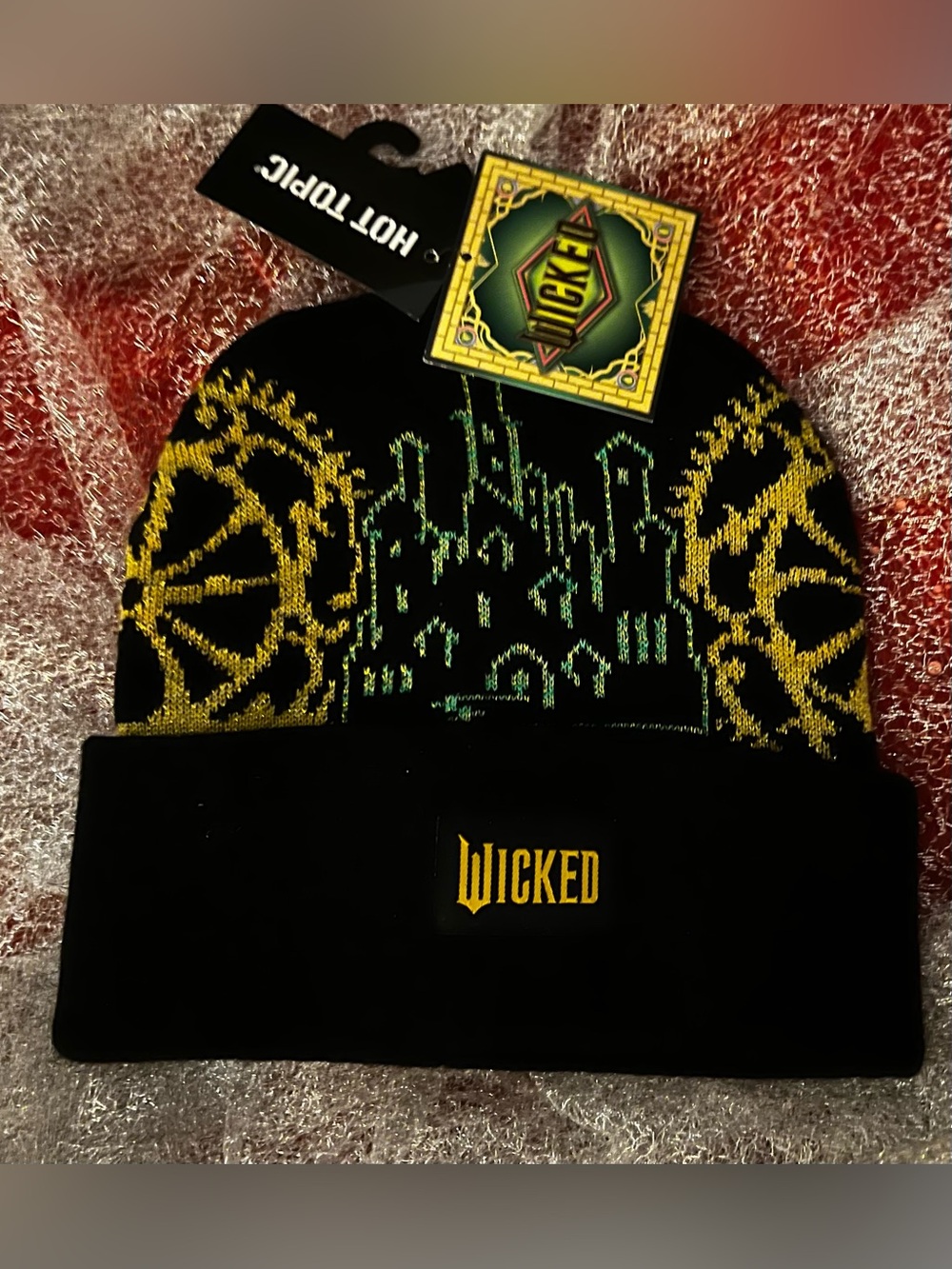 Wicked Logo Black Knit Beanie with Gold & Green Design - Hot Topic